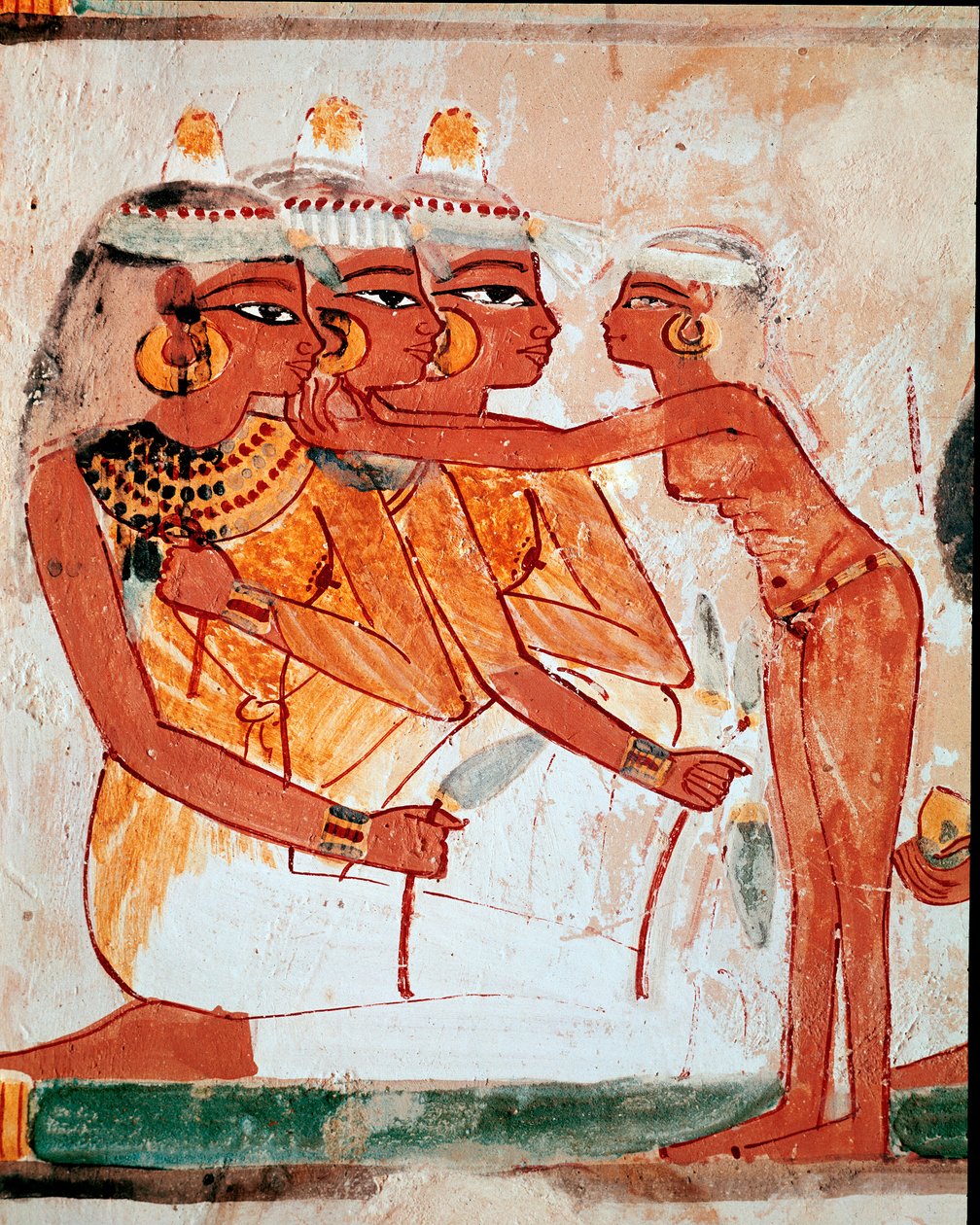 Egyptisk kunst: Nakhts grav. Toilet: stuepige hjælper tre kvinder med lotusblomster med at sætte smykker på før begravelsesbanketten. Fresco of Luxor (Thebens sted, Sheikh Abd al-Gournahs (Gournah) nekropolis), Nilens venstre bred, Egypten. af Egyptian 18th Dynasty