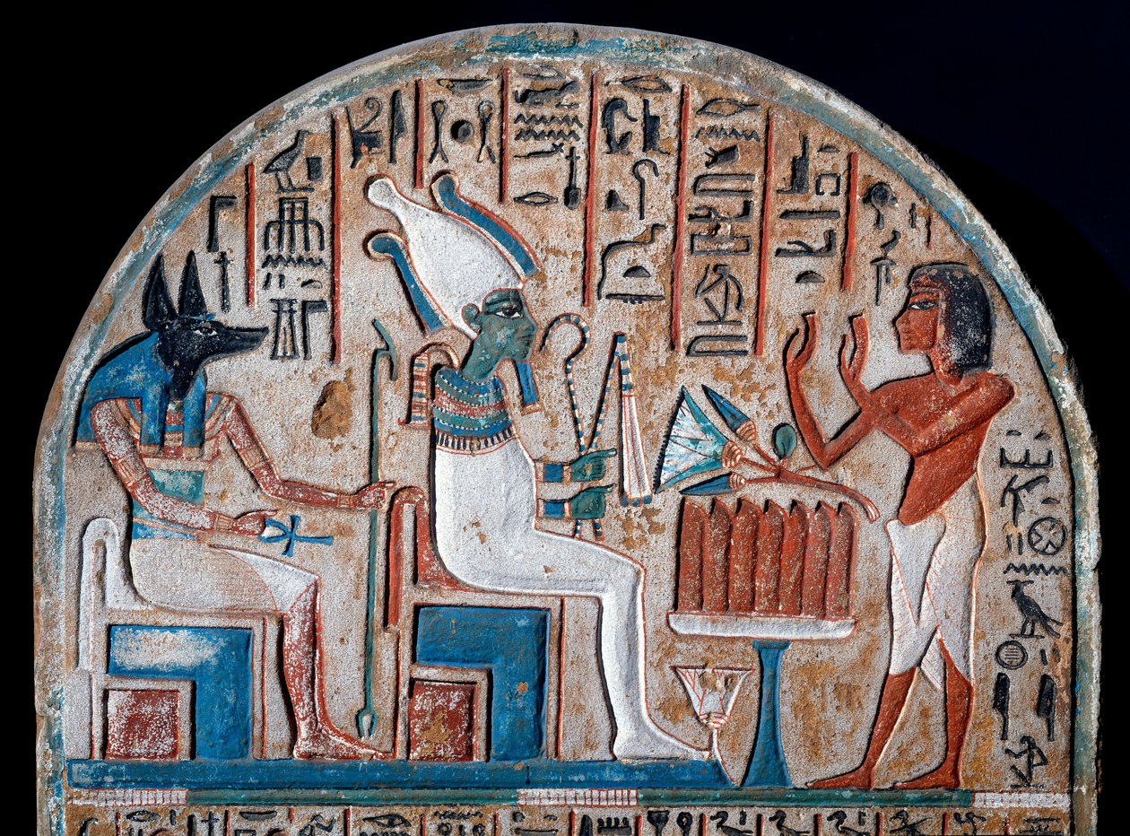 Egyptisk antikvitet: Nanai stele repræsentanten, der tilbeder Osiris og Anubis, de dødes guddom, som har livets nøgle i form af et Ansee-kors (Ankh). Malet kalksten. Slutningen af det 18. dynasti. 14. århundrede f.Kr. Torino, egyptisk museum - Egypti af Egyptian 18th Dynasty
