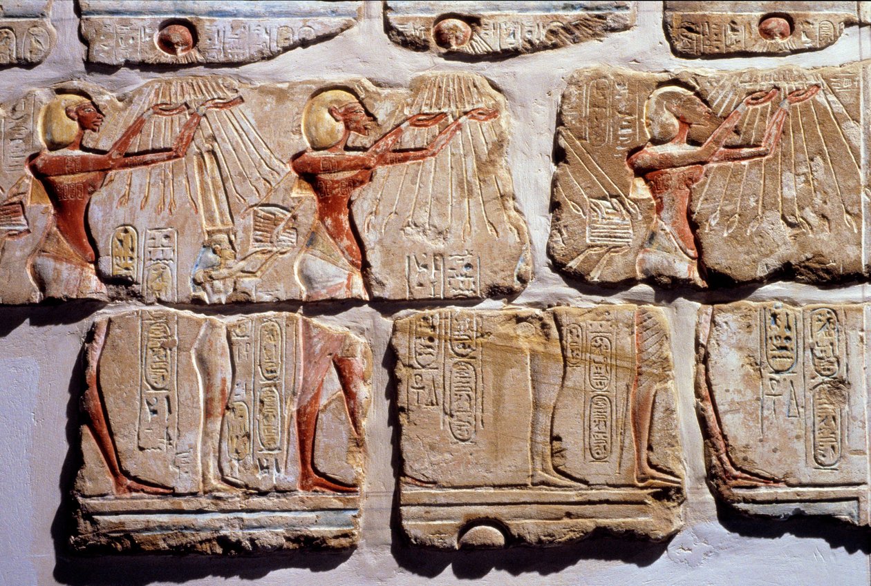 Egyptisk antikvitet: "" Solens tilbedelse"" Fragment af muren i gres fra Amenophis IV til Luxor. 1365-1360 f.Kr. 18. dynasti af Egyptian 18th Dynasty