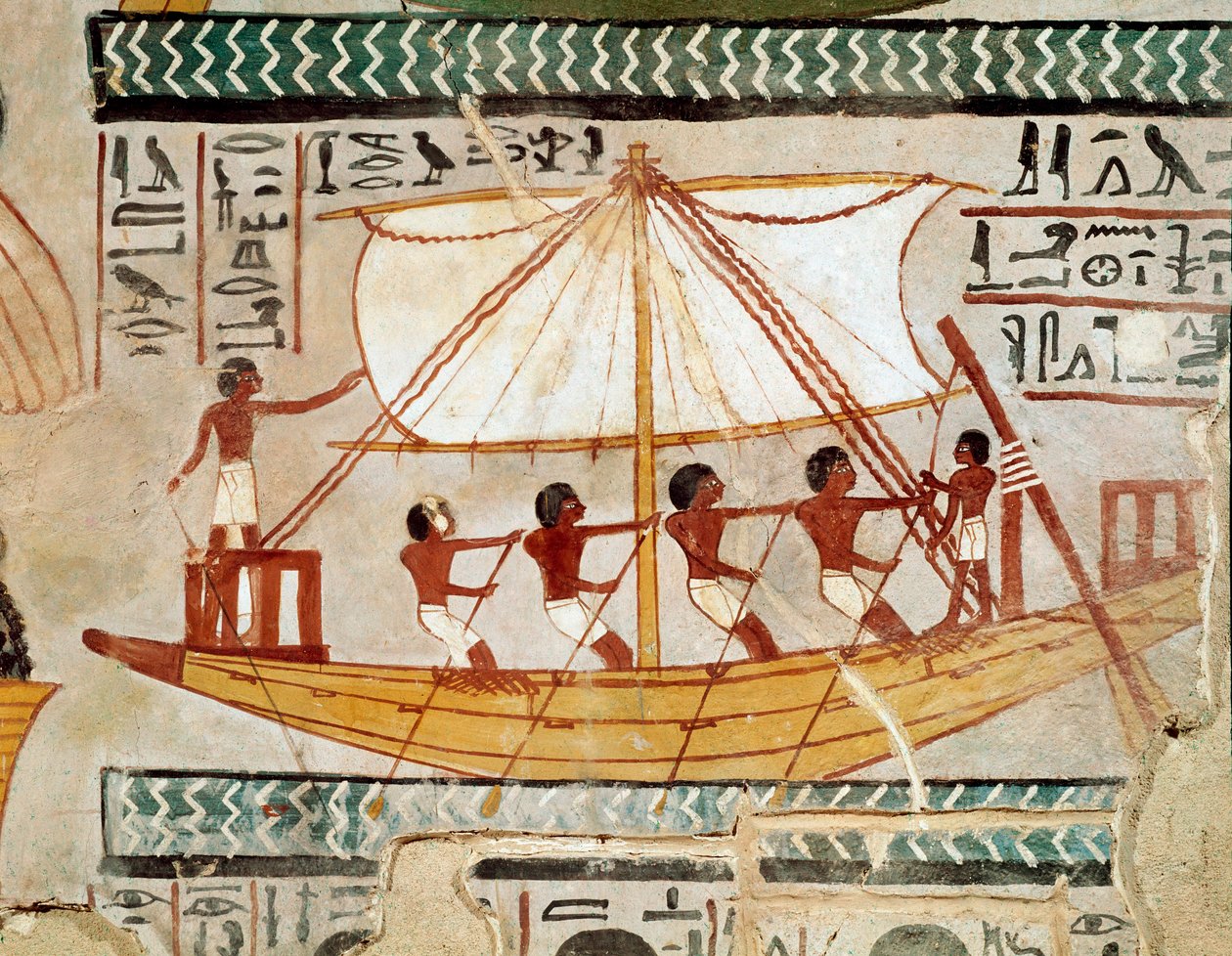 Egyptisk antikvitet: "" en båd på floden, der vender tilbage fra pilgrimsfærd til Osiris grav, Abydos"" 18. dynasti. Fresko fra Sennefers grav (TT 96) fra de adeliges gravområde i Gournah. Sheikh Abd el-Gournah (el Gournah), Luxor Egypten - Ancie af Egyptian 18th Dynasty