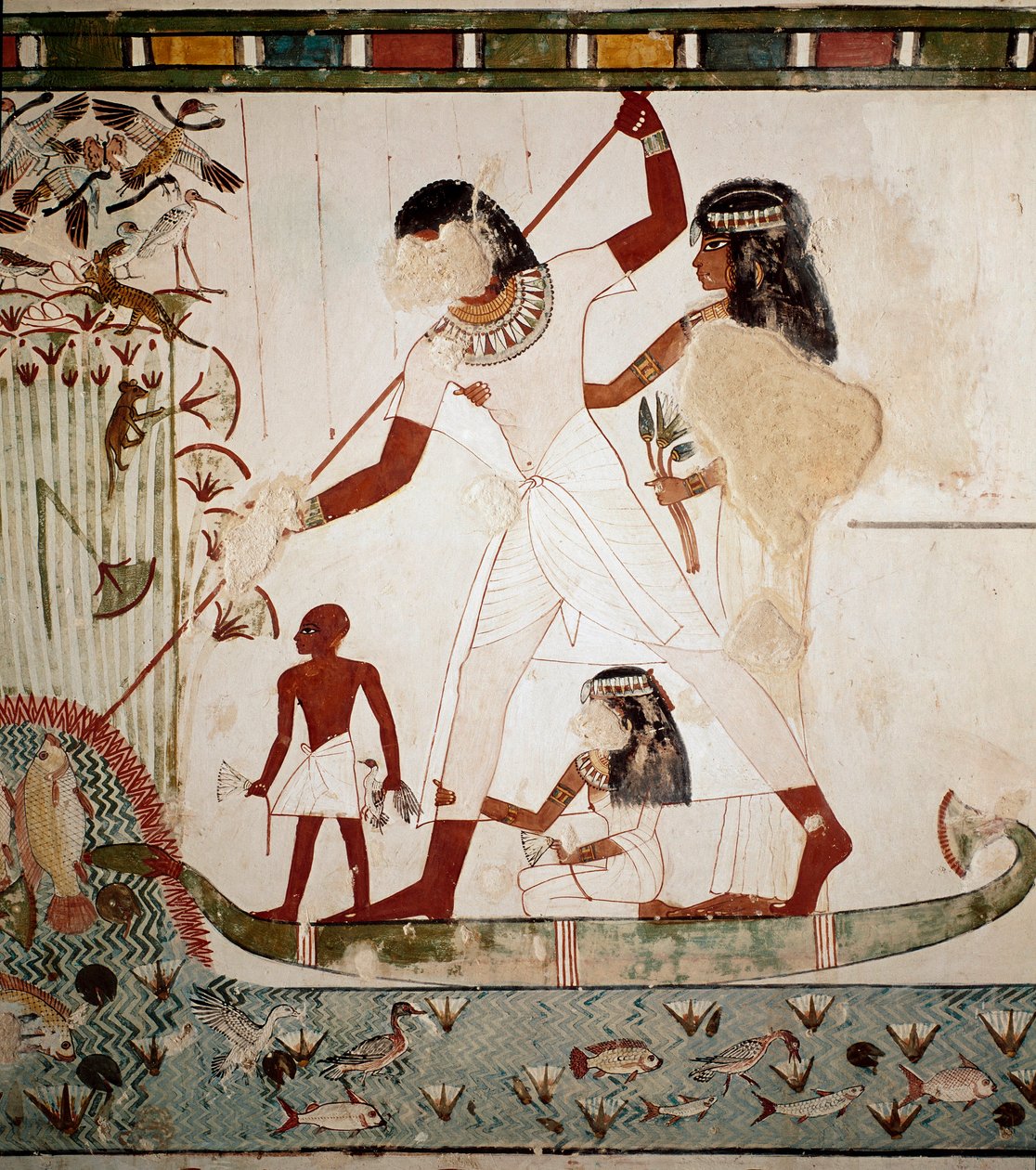 Egyptisk antikvitet: "" fiskescene"" Den ædle Menna skildrer på en båd med sin kone, der harponerer en fisk. Fresko fra Mennas grav (TT69) fra de adeliges gravområde i Gournah. Sheikh Abd al-Gournah (el Gournah), Luxor Egypten af Egyptian 18th Dynasty
