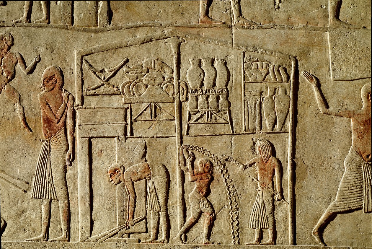 Egyptisk antikvitet: ""fødevarer opbevares i varehuse""" Relief dekorerer en grav af en højtstående embedsmand fra det 18. dynasti. Bologna Civico Museo Archeologico af Egyptian 18th Dynasty