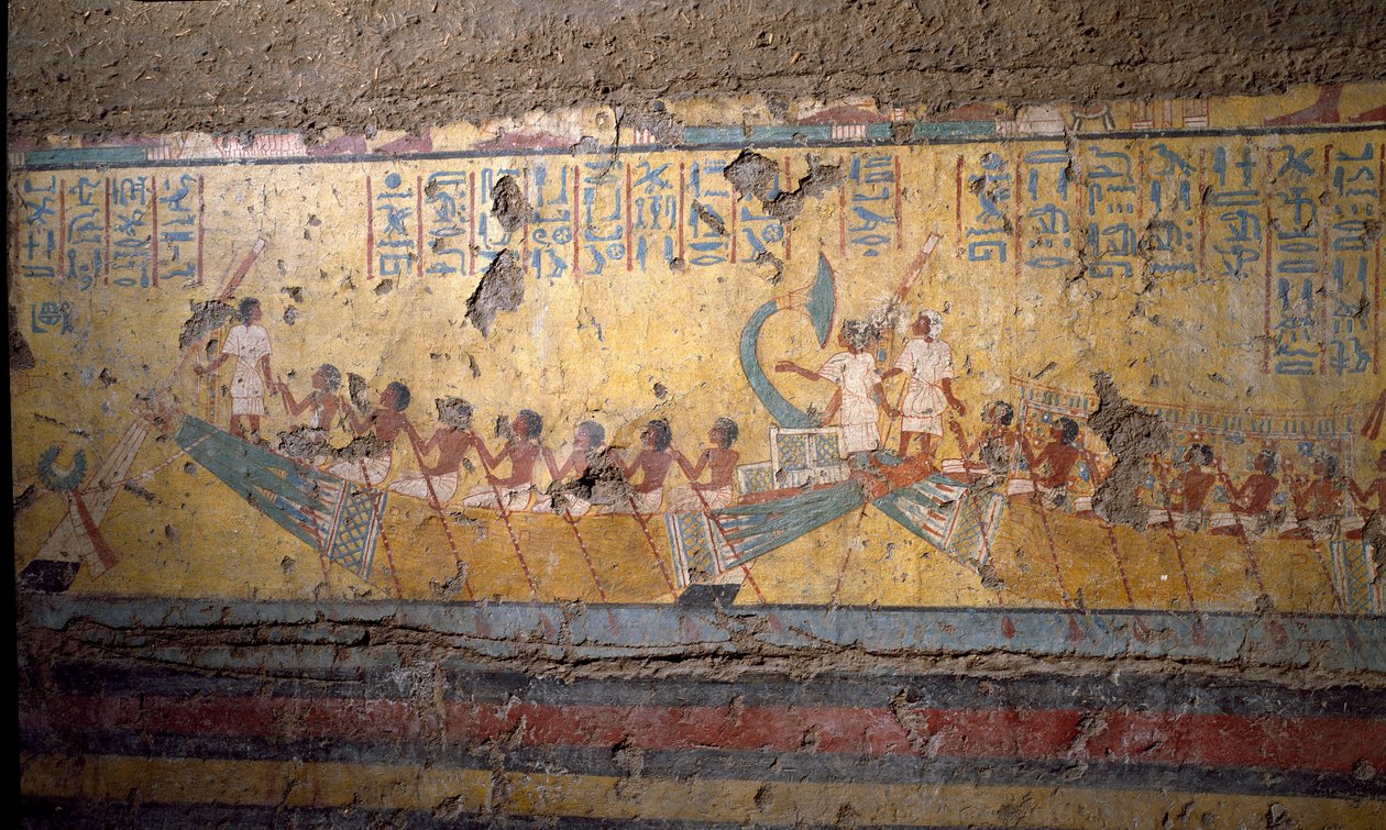 Ægyptisk antikvitet: fresko af maleren Maias grav, pilgrimsfærd med båd i Abydos, citat af Osiris. 18. dynasti. Fra kapellet i Maia, Deir el-Medineh (el Medineh), New Empire Dim. 67 cm Torino, Egyptisk Museum af Egyptian 18th Dynasty
