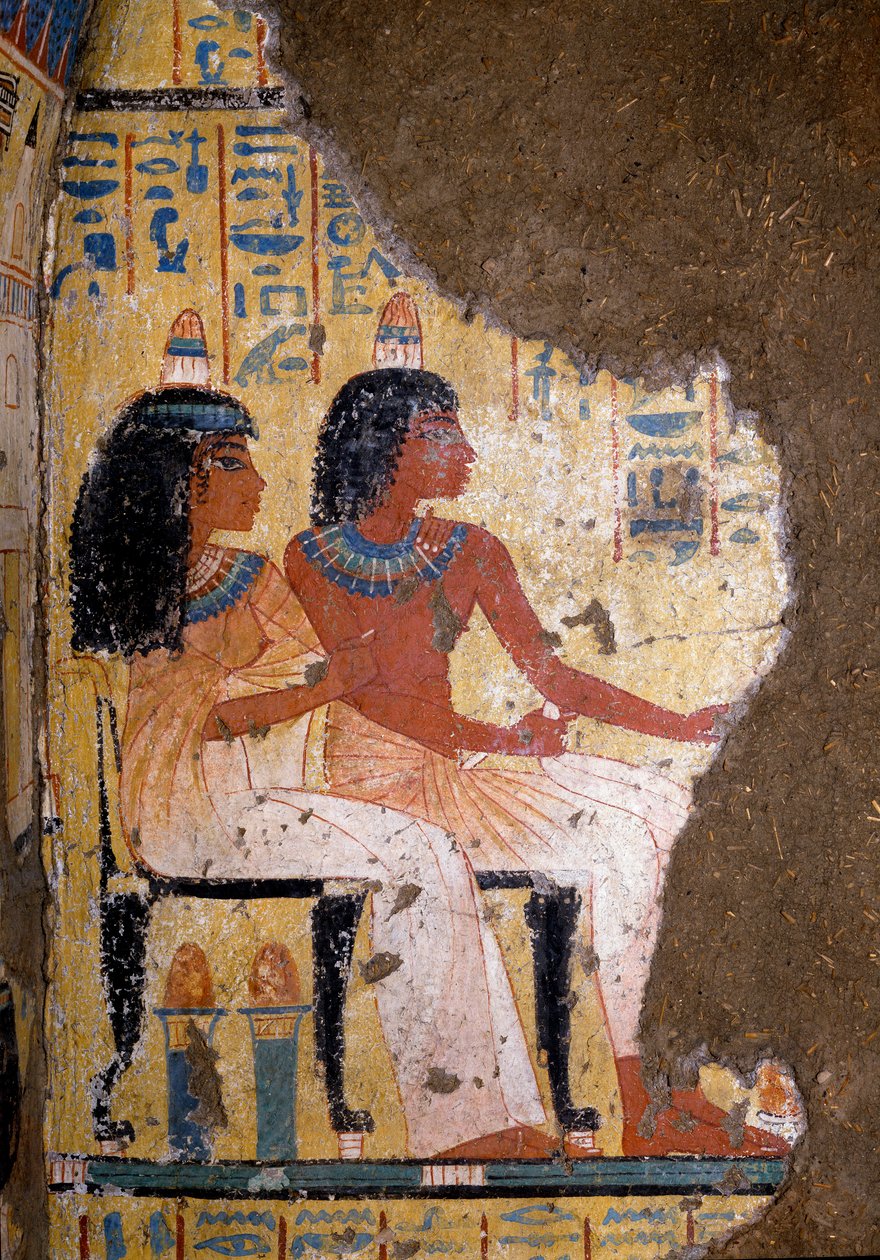 Egyptisk antikvitet: kalkmaleri af maleren Maias grav, den afdøde og hans kone, der sidder ved en banket. 18. dynasti. Fra kapellet i Maia, Deir el-Medineh (el Medineh), New Empire Dim. 67 cm Torino, Egyptisk Museum af Egyptian 18th Dynasty