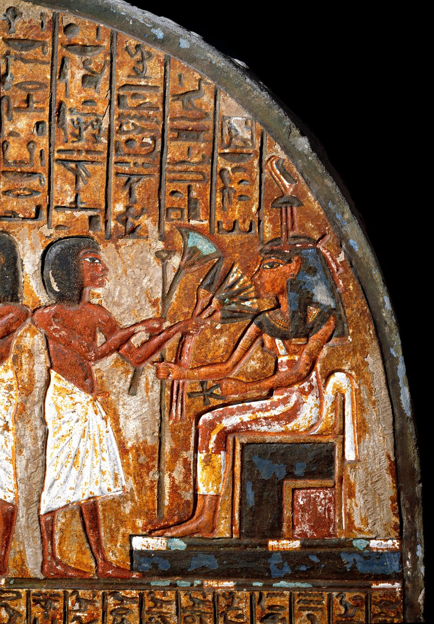 Egyptisk antikvitet: Minhoteps begravelsesstele: detalje, der repræsenterer et tilbud af blomster til gudinden Hathor, der har livets nøgle i form af et Ansee-kors (Ankh). 18. dynasti. 14. århundrede f.Kr. Torino, egyptisk museum af Egyptian 18th Dynasty