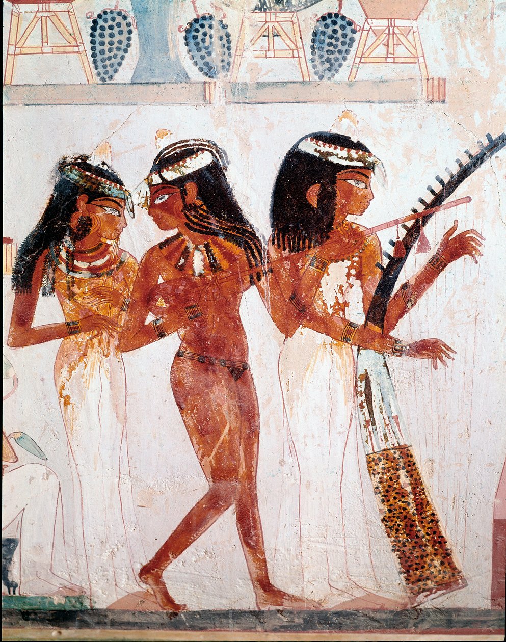 Egyptisk antikvitet: musikere. Nakhts grav. 18. dynasti. 1410 f.Kr. Necropolis of Gournah (Sheikh Abd al-Gournah), Egypten af Egyptian 18th Dynasty