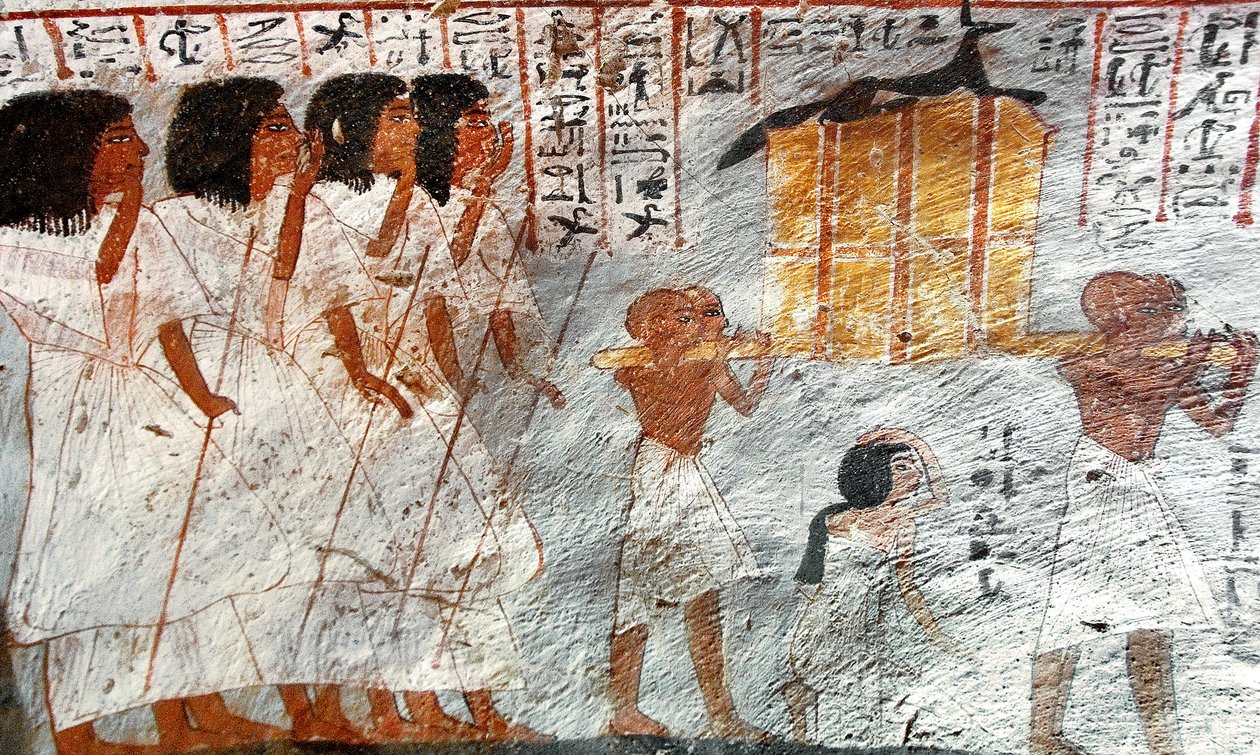 Egyptian antiquite: procession with bearers of canopy vessels used to collect the deceased "s viscera. Painting of the Tomb of Roydani af Egyptian 18th Dynasty