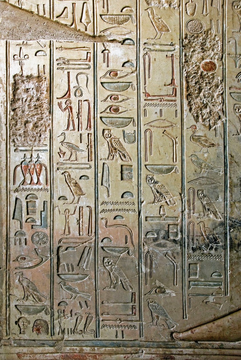 Egyptisk antikvitet: relief og hieroglyffer af graven af Kha em Het (Khaemhat) inspektør af lofter og skriver ved hoffet til Amenophis III (TT57). 18. dynasti. 1530-1290 f.Kr. Vallee des Nobles. Luxor, Vestbredden, Egypten af Egyptian 18th Dynasty