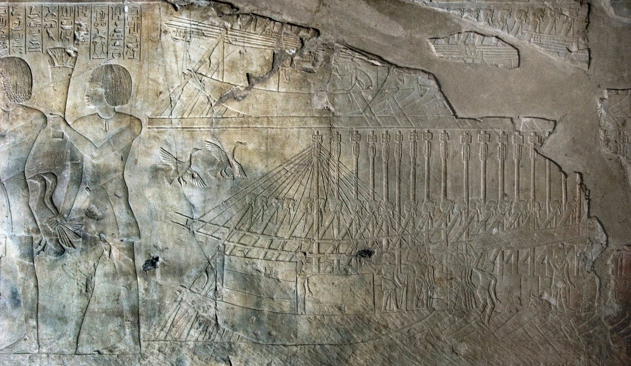 Ægyptisk antikvitet: relief fra graven af Kha em Het (Khaemhat), inspektør for lofter og skriver ved hoffet til Amenophis III (TT57), repræsenterende en flåde af skibe. 18. dynasti. 1530-1290 f.Kr. Vallee des Nobles. Luxor, Vestbredden, Egypten af Egyptian 18th Dynasty