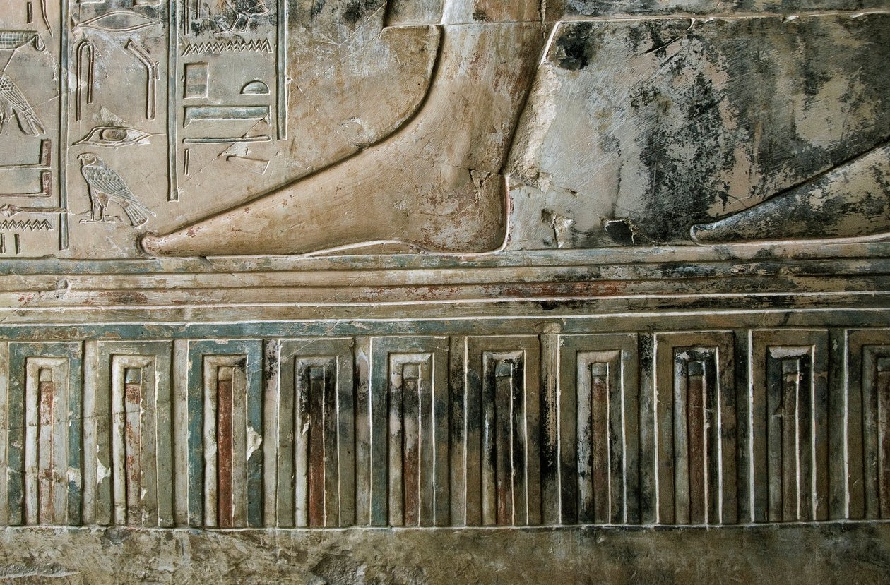 Ægyptisk antikvitet: relief, der repræsenterer foden af skriveren, der forlader graven, og paladsfrisen i graven af Kha em Het (Khaemhat), inspektør af lofter og skriver ved hoffet til Amenophis III (TT57). 18. dynasti. 1530-1290 f.Kr. Vallee des Nobles. L af Egyptian 18th Dynasty