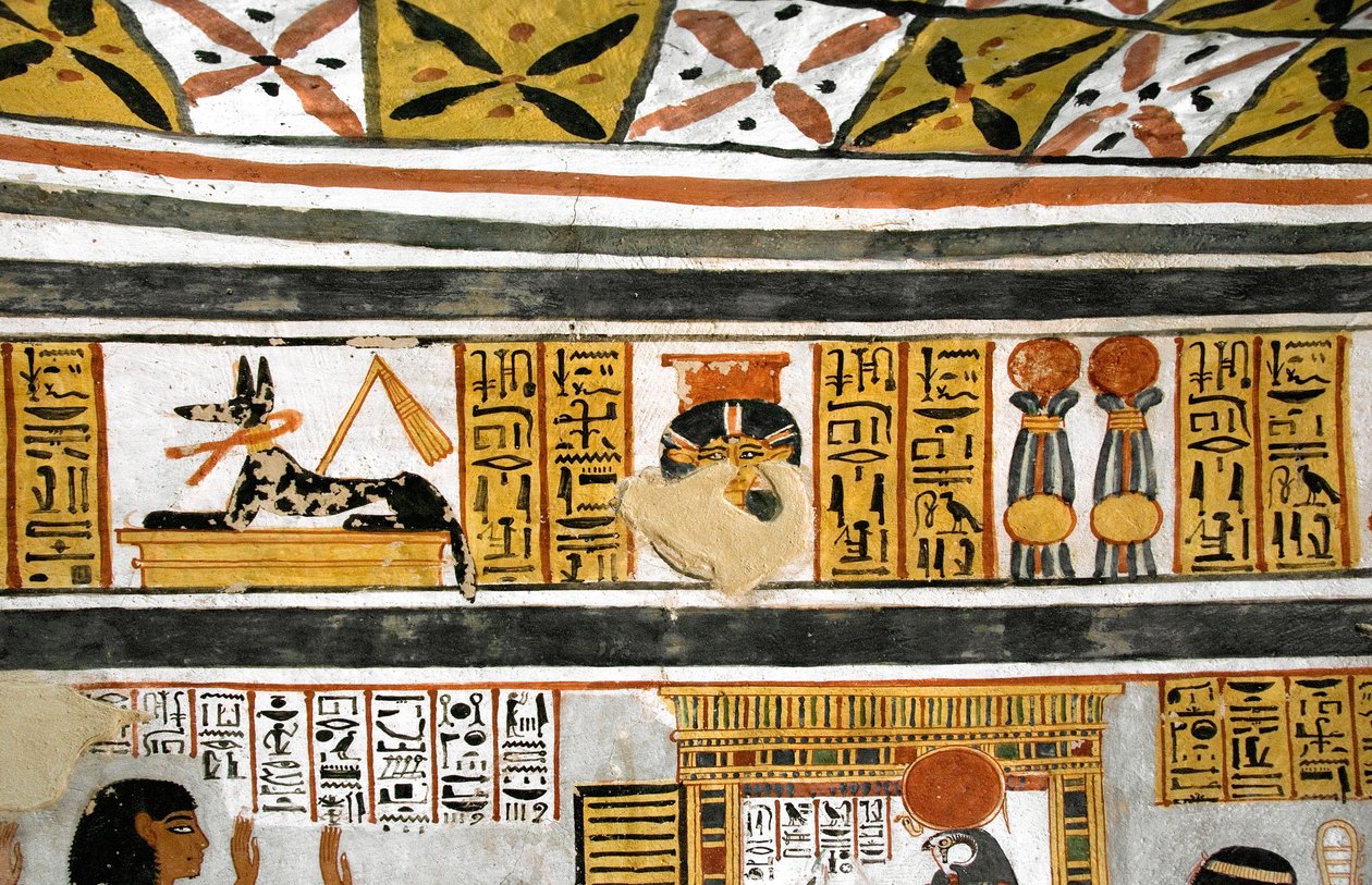 Egyptian antiquite: representation of Anubis, Hathor and hieroglyphs. Painting of the Tomb of Roydani af Egyptian 18th Dynasty