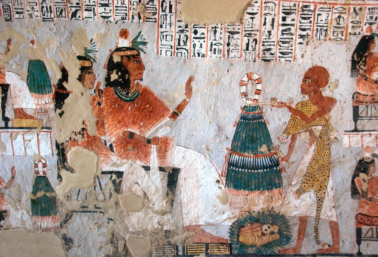 Egyptisk antikvitet: repræsentation af Roy og hans kone Nebtawy over for en ypperstepræst. Maleri af Roys grav (TT255). 18. dynasti. Fra Vestbredden af Luxor, Egypten af Egyptian 18th Dynasty