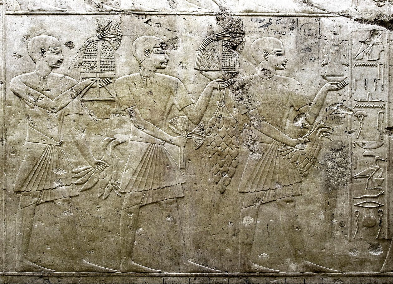 Egyptisk antikvitet: repræsentation af offerbærere. Lavt relief af Vizir Ramoses grav (18. dynasti). Luxor, Theben, Ægyptens Dal af Egyptian 18th Dynasty
