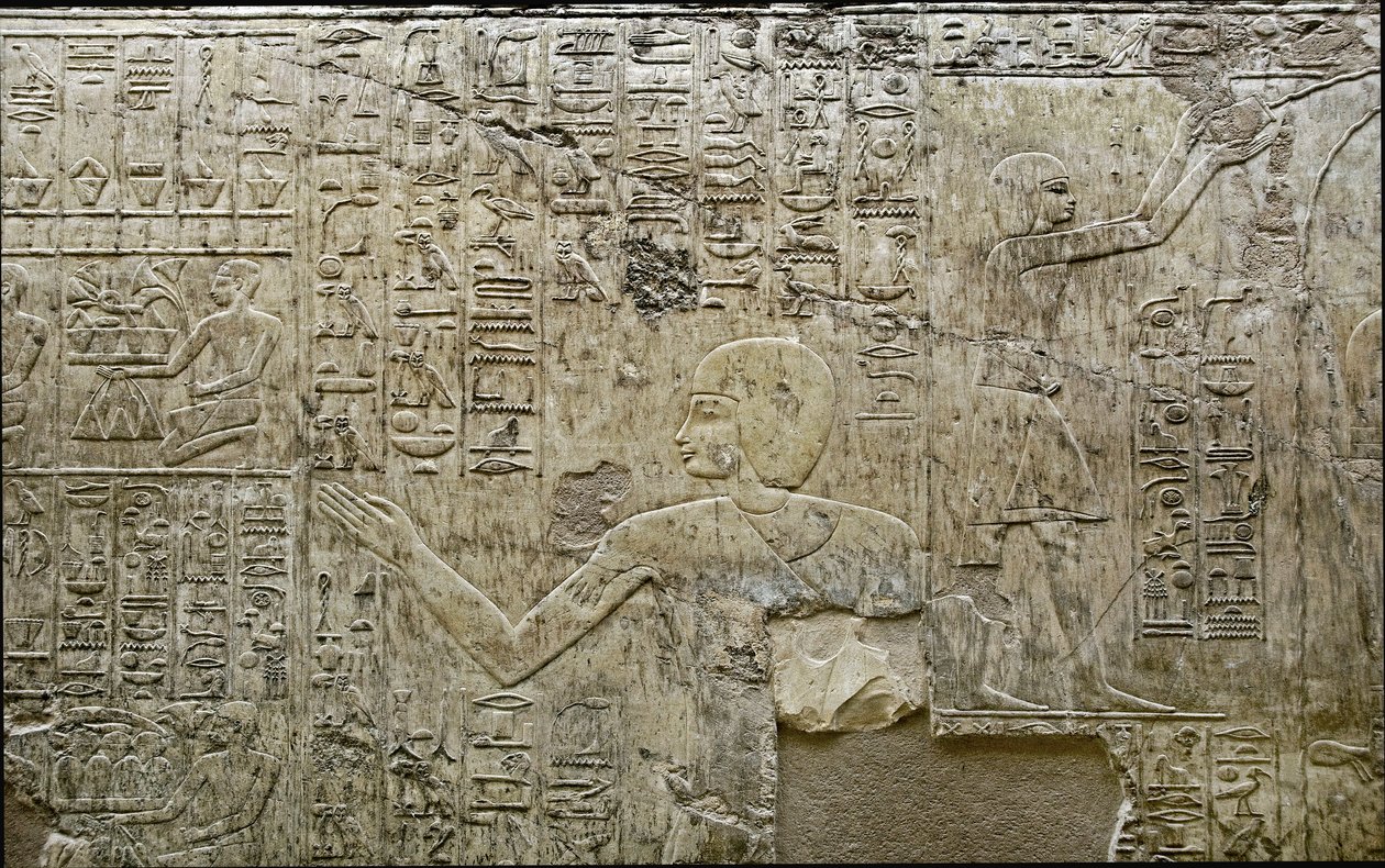 Egyptisk antikvit: fremstilling af bærere af offergaver. Lavt relief fra Vizir Ramoses grav (18. dynasti). Luxor, Theben, de adeliges dal Egypten af Egyptian 18th Dynasty