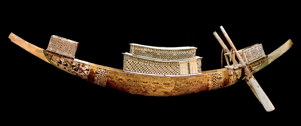 Egyptisk antikvitet: kongelig båd: den repræsenterer den afdødes rejse til den anden verden. Træudskæring fra All-Ankh-Amons grav (Tutankhamun eller Tutankhamun), kongedalen, Egypten. 1375-1358 f.Kr. Egyptisk Museum, Kairo, Egypten - Egyptian Antiquiti af Egyptian 18th Dynasty