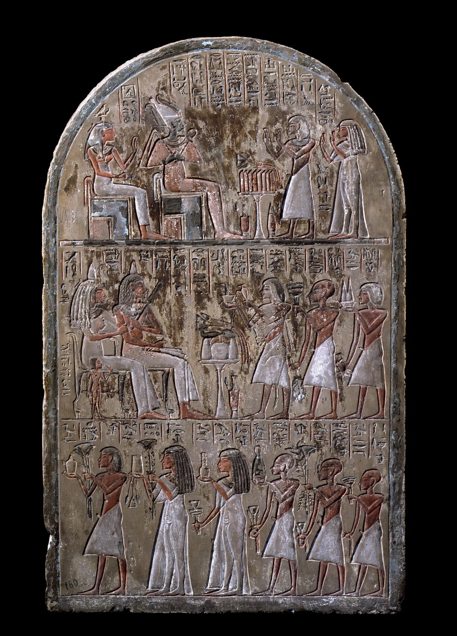 Egyptisk antikvitet: Maia-parrets stel, det hedengangne tilbud giver guderne. 18. dynasti. Fra kapellet i Maia, Deir el-Medineh (el Medineh), New Empire Dim. 67 cm Torino, Egyptisk Museum af Egyptian 18th Dynasty