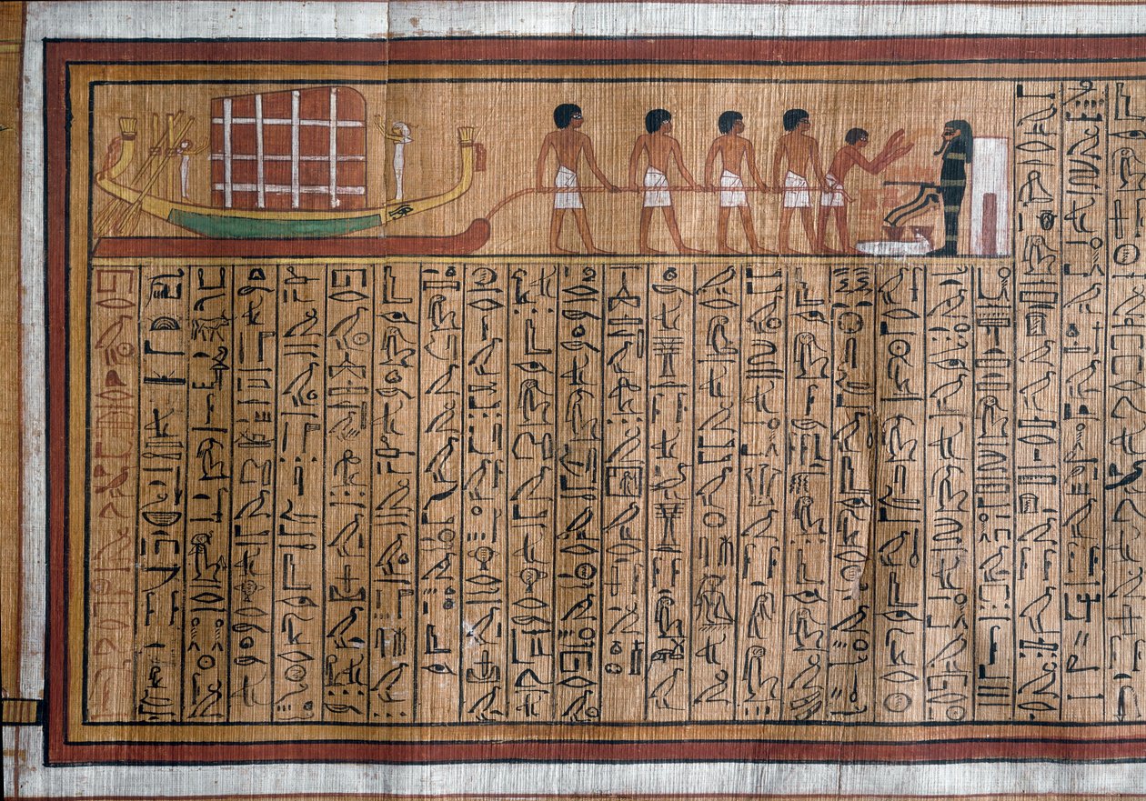 Egyptisk antikvitet: transporten af katafalken til graven. Papyrus. Bogen om de døde af Kha. 18. dynasti af Egyptian 18th Dynasty