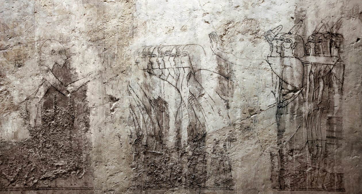 Egyptisk antikvitet: ufærdige tegninger, der dekorerer Vizir Ramoses grav (18. dynasti). Luxor, Vestbredden, Ægyptens grav af Egyptian 18th Dynasty