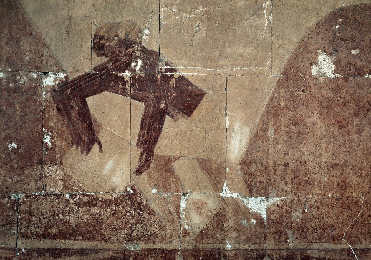 Udveksling af mad, detalje af scene, der skildrer ekspeditionen til landet Punt, malet relief, Kolonnade i Punt, Hatshepsuts gravtempel, Deir el-Bahari, thebansk nekropolis, Egyptisk civilisation, Det Nye Rige, XVIII. dynasti af Egyptian 18th Dynasty