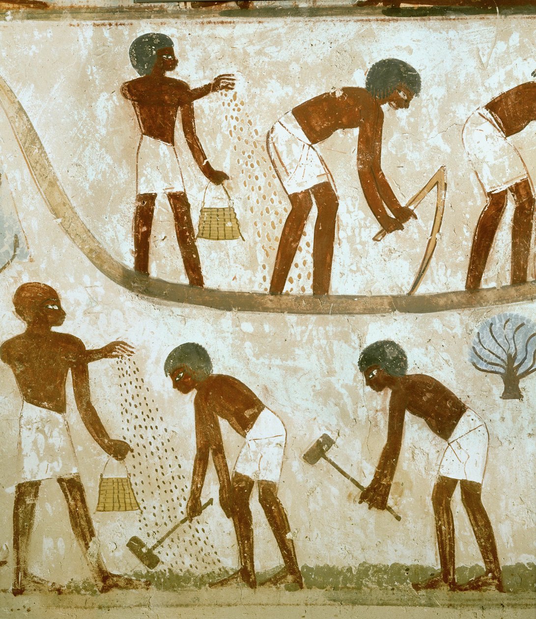 Landmænd, der bryder jorden, sår og pløjer (vægmaleri) af Egyptian 18th Dynasty