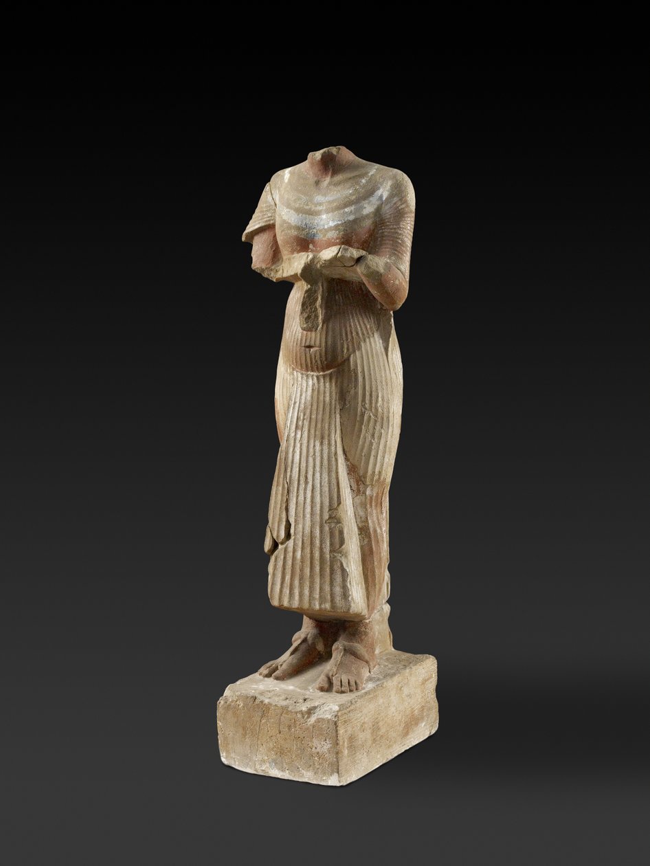 Figur af farao Akhenaton, der holder et offerbord (udskåret og malet sandsten) af Egyptian 18th Dynasty