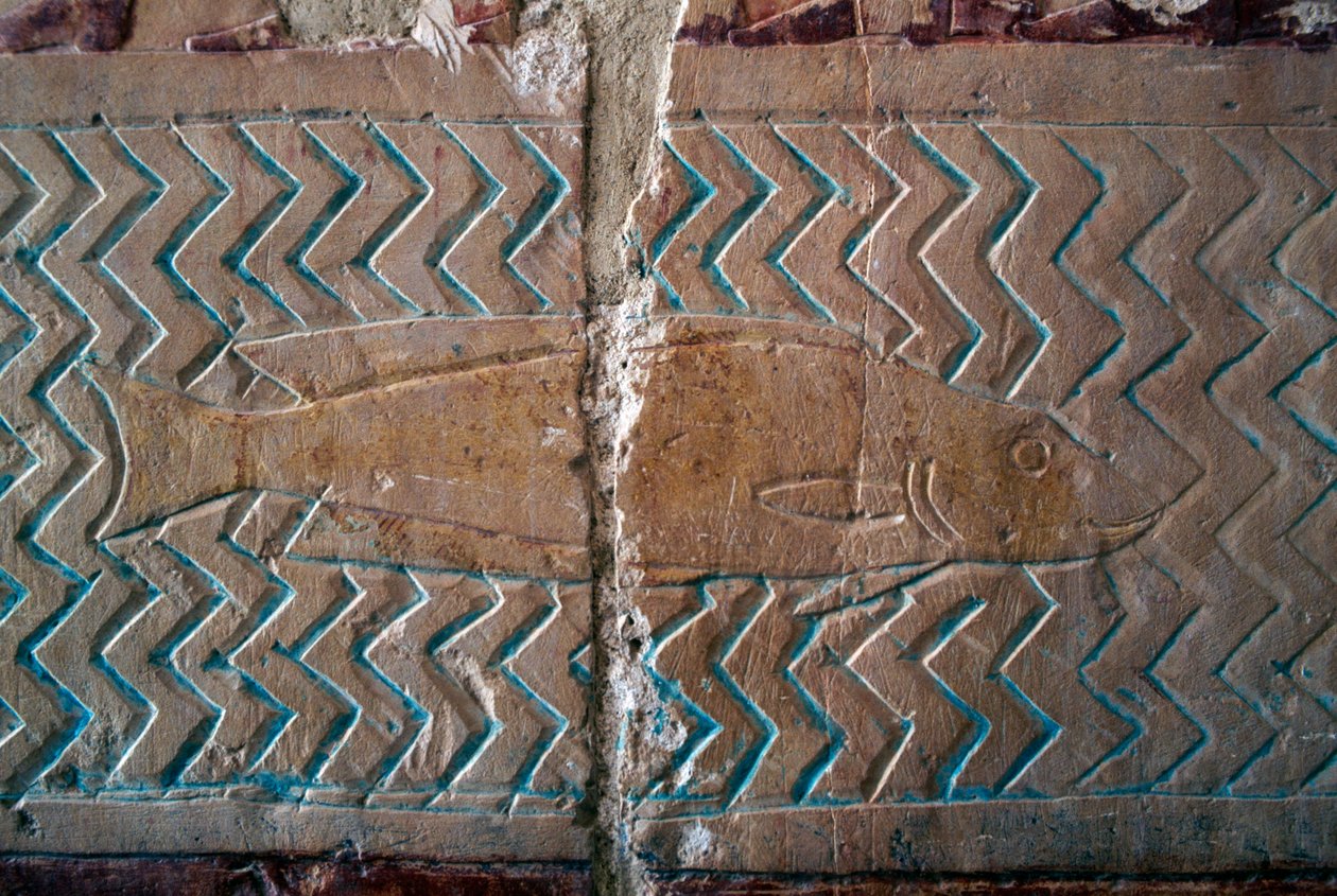 Fisk, scener fra Punt-riget, sydvæggen i den centrale søjlegang, Hatshepsuts gravtempel, Deir el-Bahari, den thebanske nekropolis (UNESCO