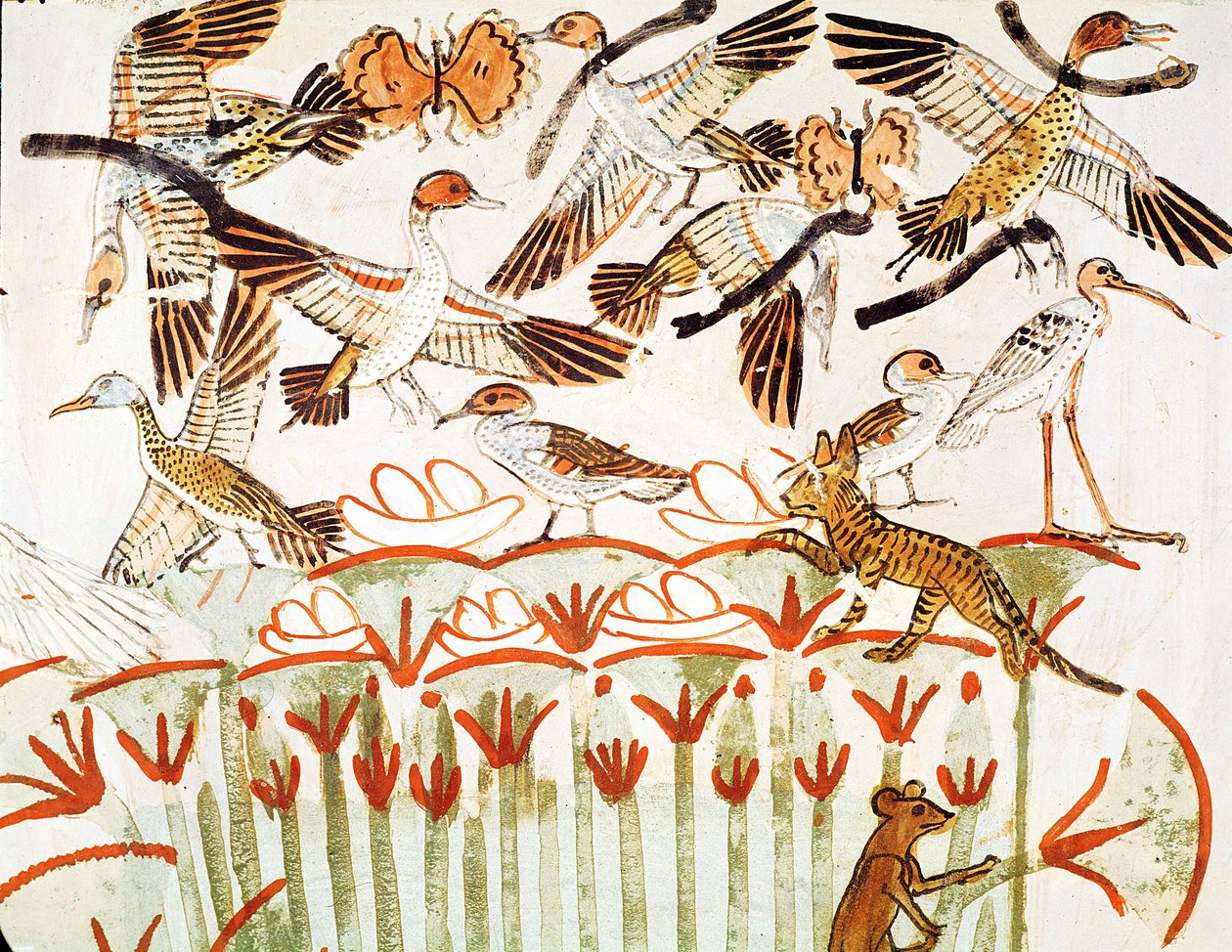 Fiskeri og fuglefangst i marsken, detaljer af fuglene, fra Mennas gravkapel, New Kingdom (vægmaleri) af Egyptian 18th Dynasty
