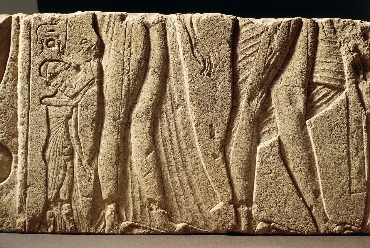 Fragment af udskåret væg, der portrætterer en prinsesse, der ledsager forældre med Akhenatons søn, fra Hermopolis af Egyptian 18th Dynasty