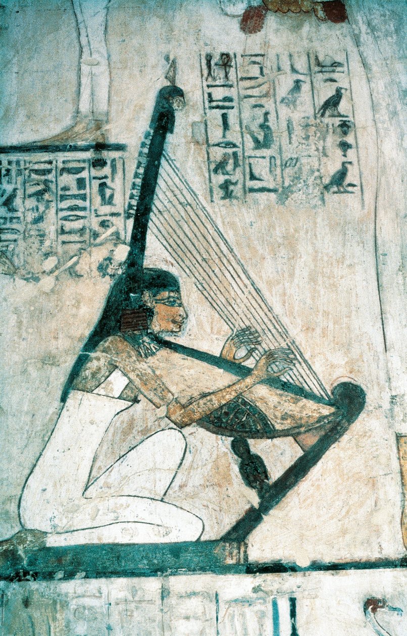 Kalkmalerier, der viser scenen for begravelsesbanket, med harpespiller, fra New Kingdom af Egyptian 18th Dynasty