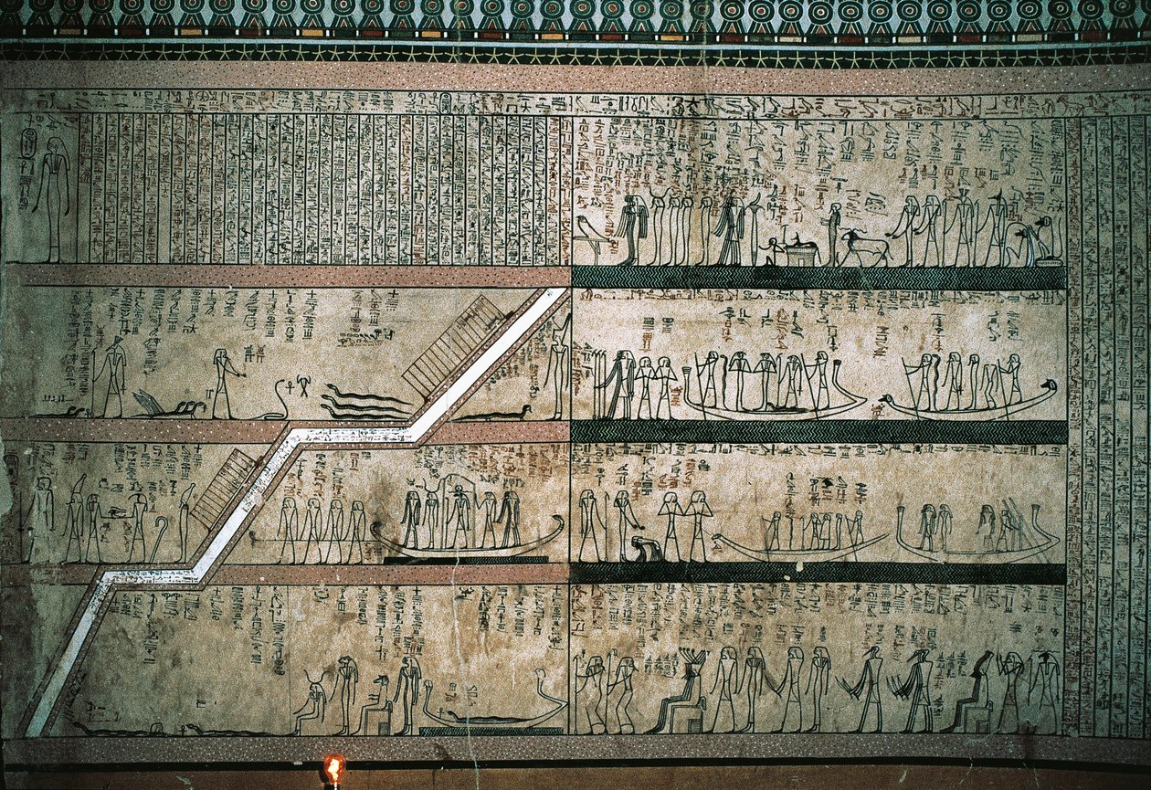 Kalkmalerier, der skildrer Amduats Bog, Solbådens rejse, på gravkamrenes østvæg af Egyptian 18th Dynasty