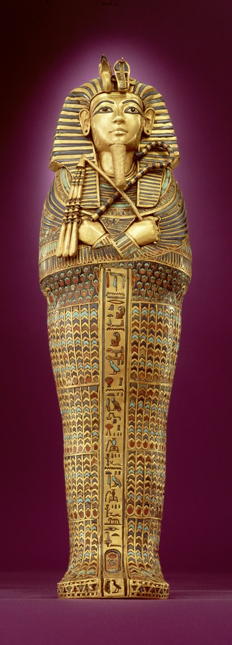Set forfra af en af de overdækkede kister, fra Tutankhamons grav (ca. 1370-1352 f.Kr.) New Kingdom (slået guld indlagt med farvet glas & cornelian) (se også 227990 & 227992) af Egyptian 18th Dynasty