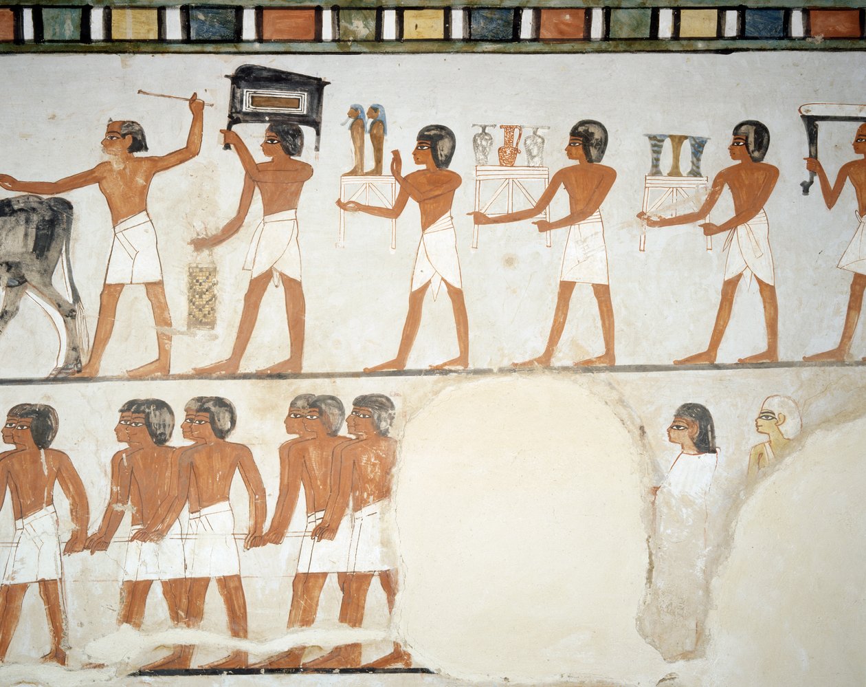 Begravelsesoptog, detaljer fra fresker i kapellet af Mennas grav, Sheikh Abd el Qurnah Necropolis, Luxor, Theben (Unescos verdensarvsliste af Egyptian 18th Dynasty