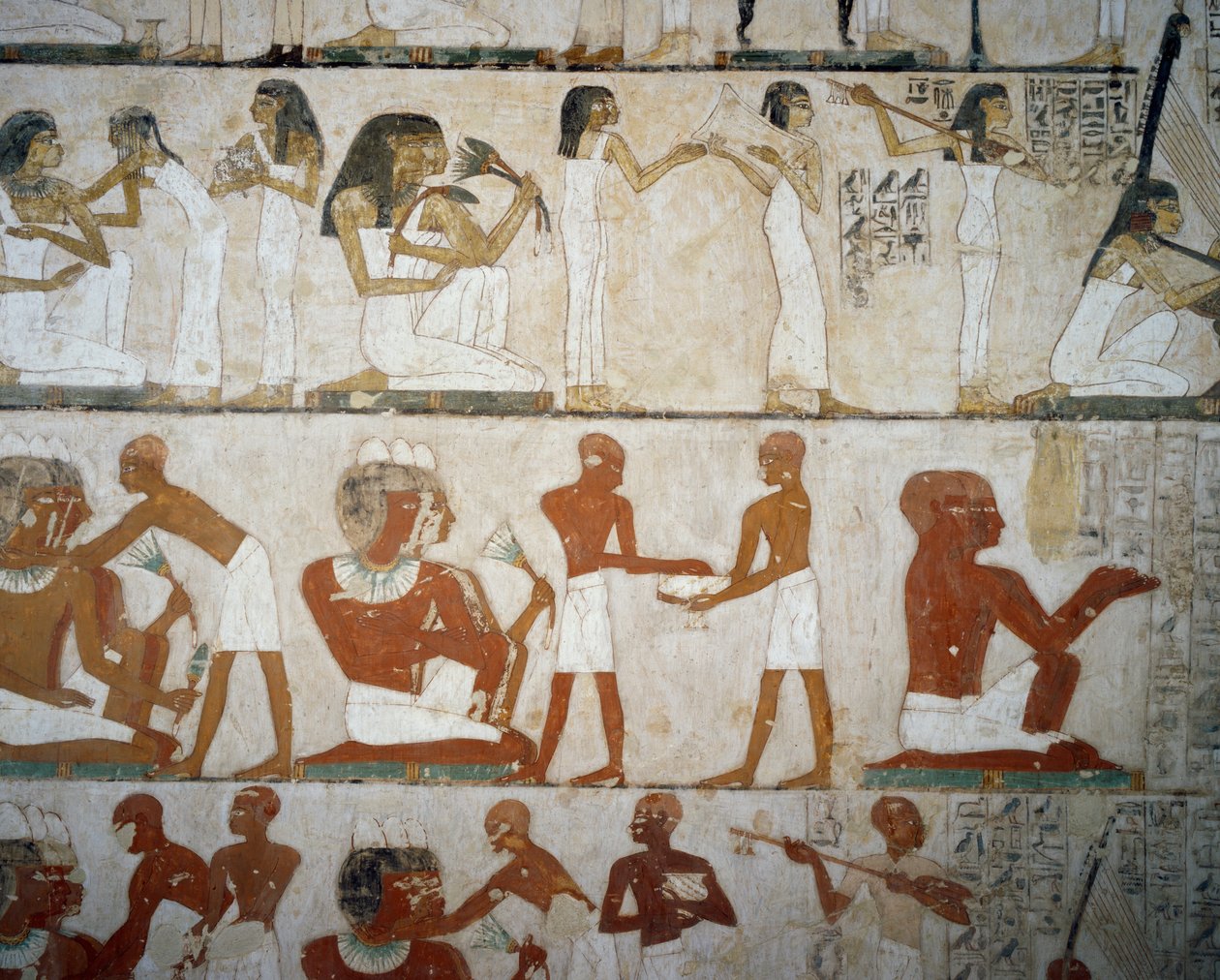 Begravelsesfest med kvindelige musikere, damer, der pynter sig med smykker, mænd og musikere, Rekhmires grav, Sheikh Abd el Qurna Necropolis, Luxor, Theben (Unescos verdensarvsliste af Egyptian 18th Dynasty
