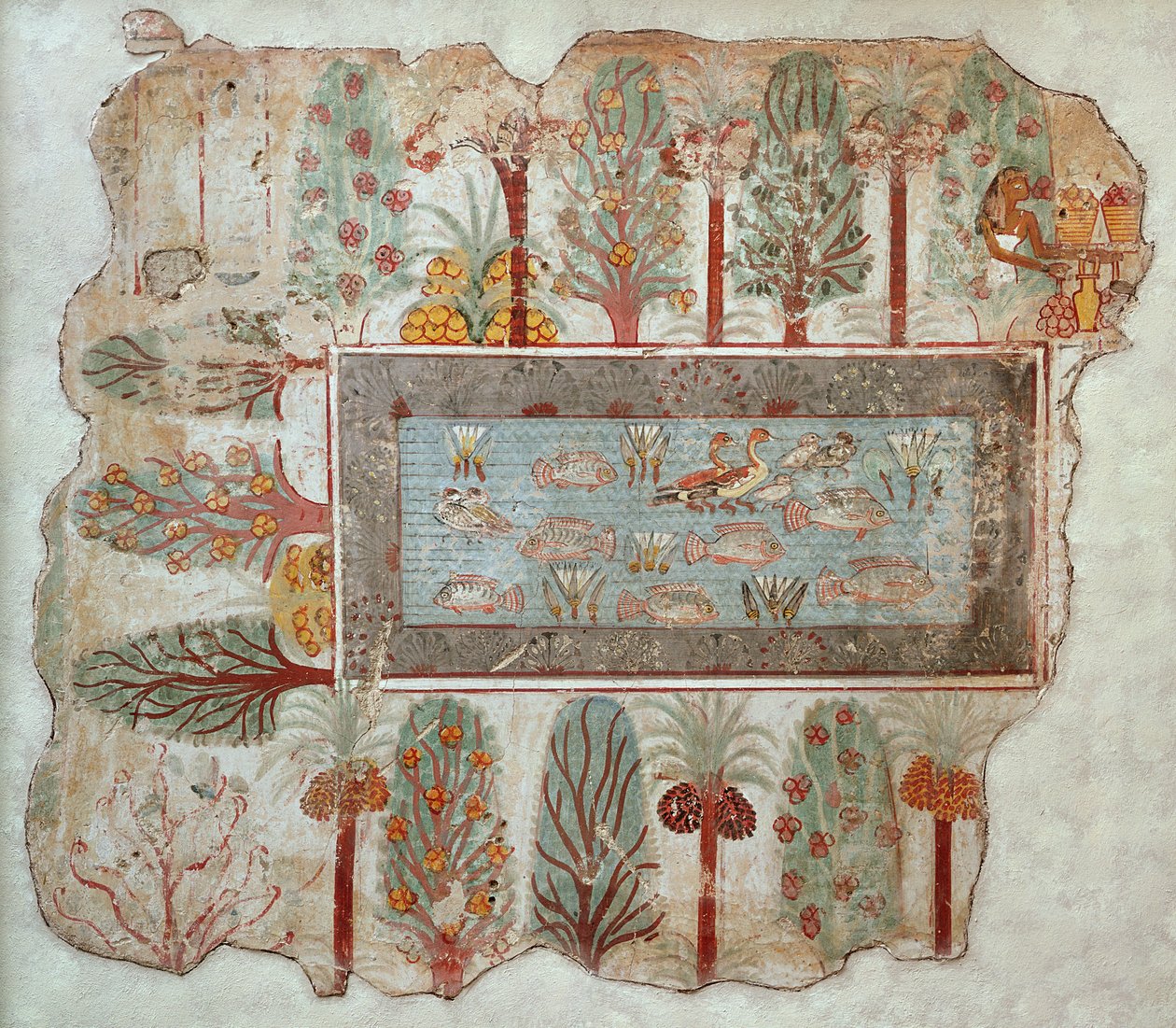 Have til en privat ejendom med en dekorativ pool, en del af vægmaleriet fra Nebamuns grav, Theben, New Kingdom, ca. 1350 f.Kr. (malet gips) af Egyptian 18th Dynasty