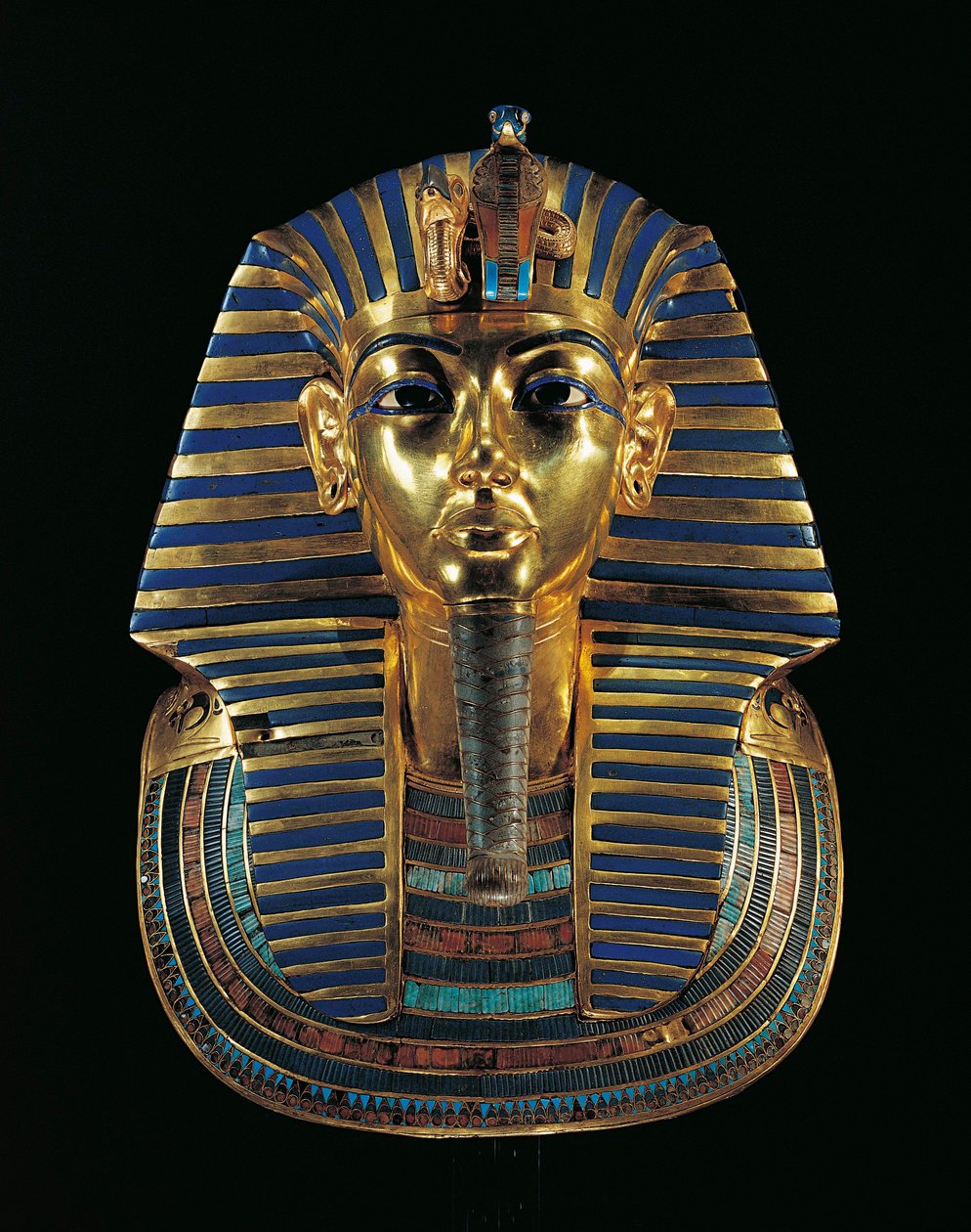 Tutankhamons gyldne begravelsesmaske (1347/1338 f.v.t.) indlagt med lapis lazuli, obsidian og turkis af Egyptian 18th Dynasty