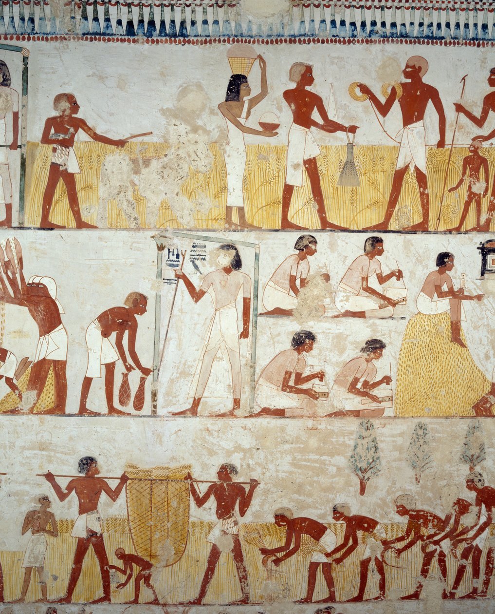Høst afgrøde, tærskning og vinding af korn, detaljer fra fresker i forhallen af Mennas grav, Sheikh Abd el Qurnah Necropolis, Luxor, Theben (Unescos verdensarvsliste af Egyptian 18th Dynasty