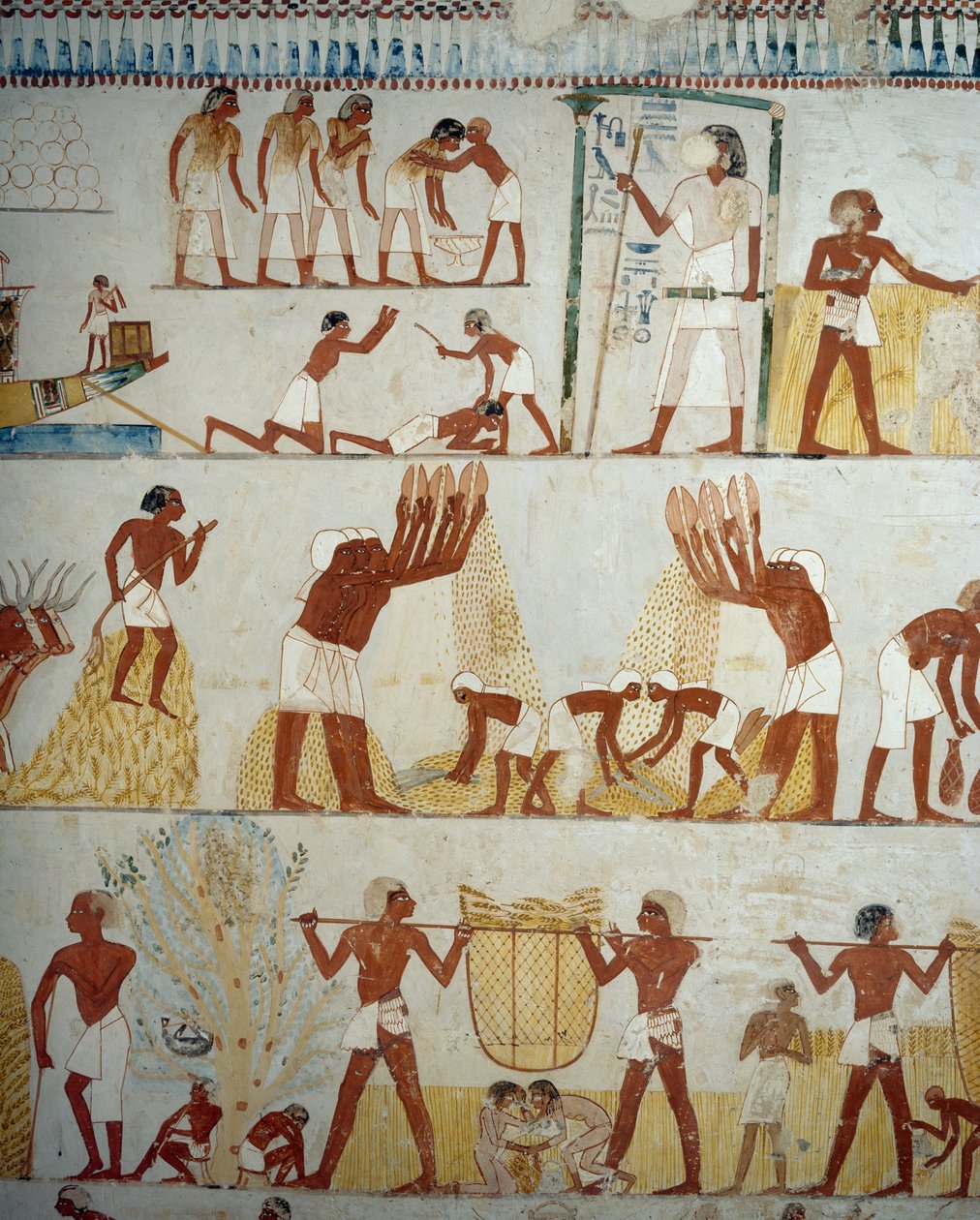 Høst afgrøde, tærskning og vindning af korn, detaljer fra fresker i forhallen af Mennas grav, Sheikh Abd el Qurnah Necropolis, Luxor, Theben (Unescos verdensarvsliste af Egyptian 18th Dynasty