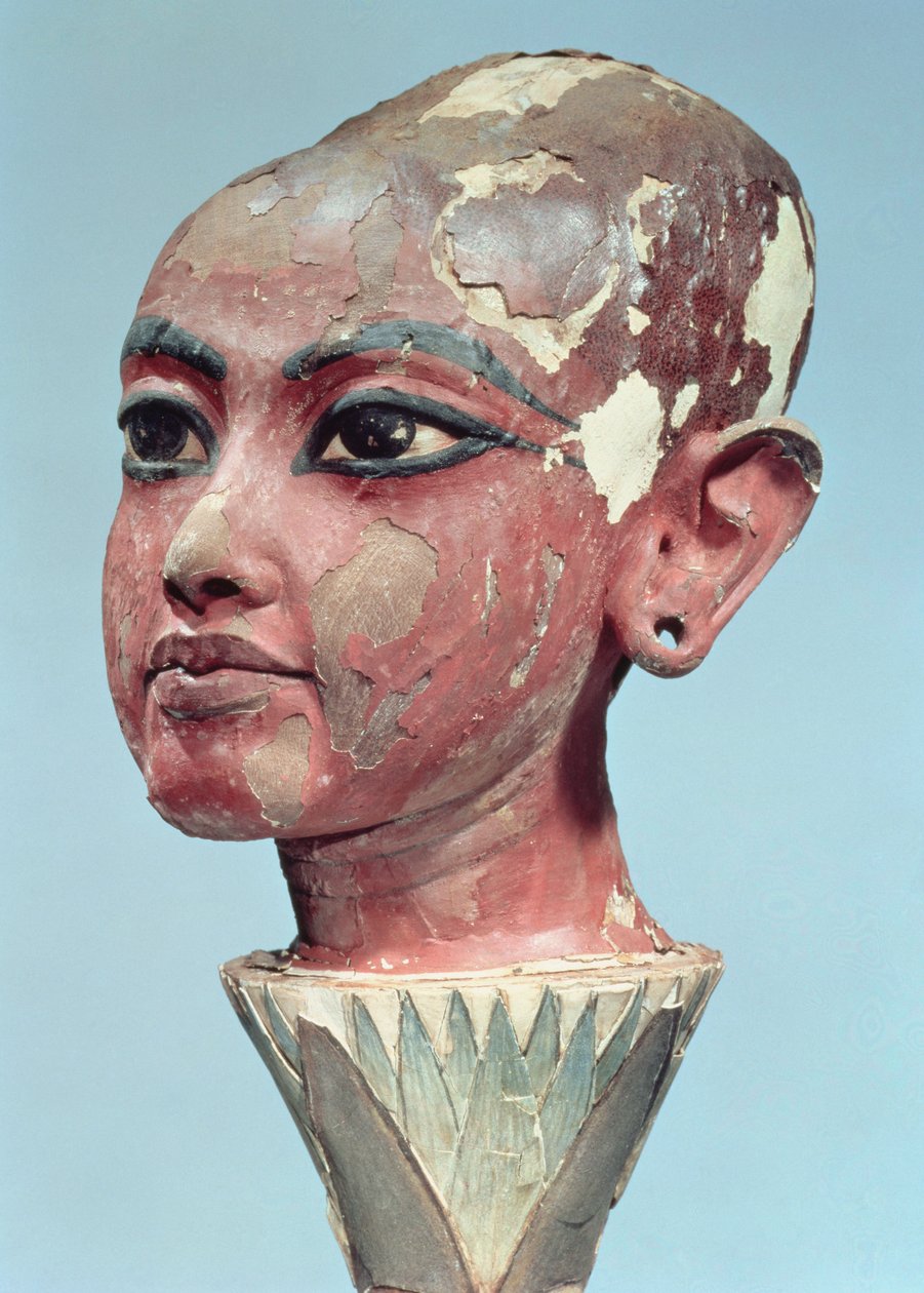 Hovedet af barnekongen Tutankhamon (ca. 1370-52 f.Kr.), der dukker op fra en lotusblomst, fundet ved indgangen til graven, New Kingdom (stukket og malet træ) (se også 228554) af Egyptian 18th Dynasty
