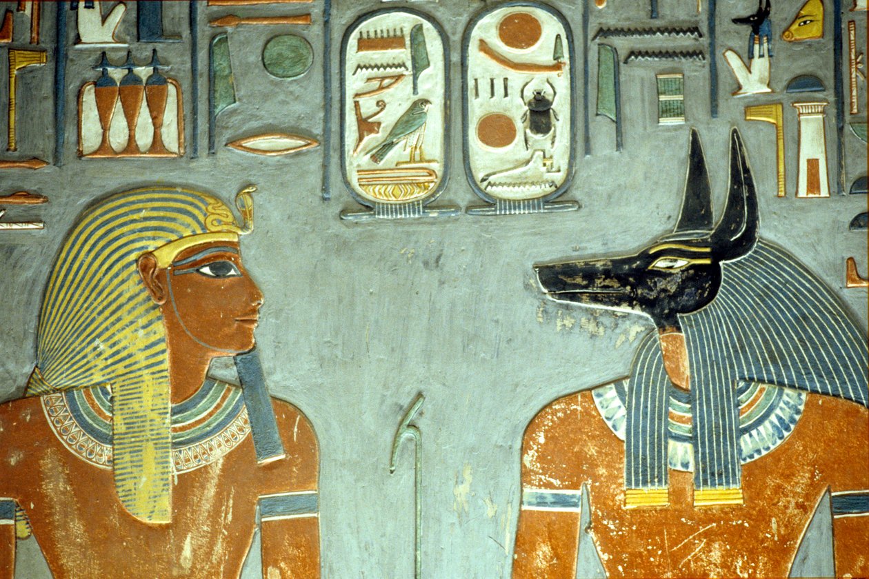 Horemheb og Anubis, fra Horemhebs grav (ca. 1323-1295 f.Kr.) New Kingdom (vægmaleri) (detaljer fra 218343) af Egyptian 18th Dynasty