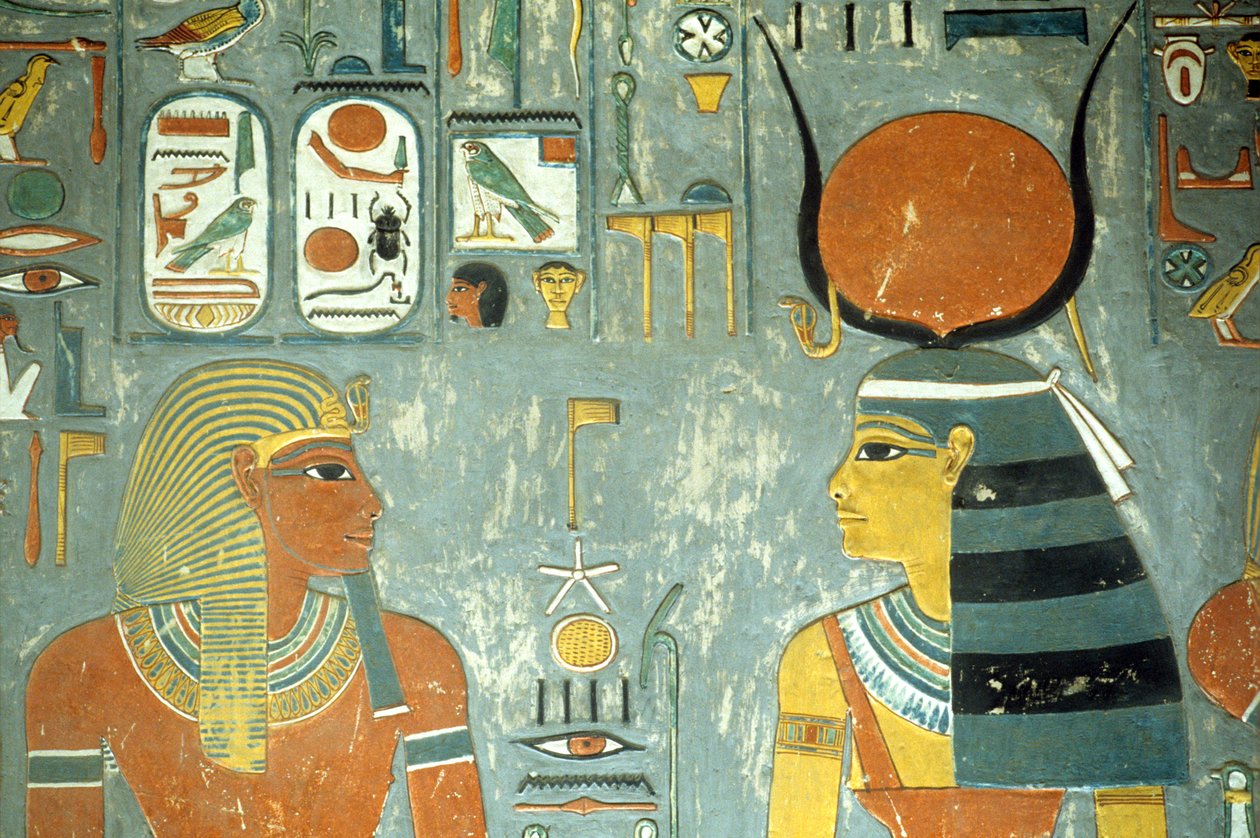 Horemheb og Hathor, fra Horemhebs grav (ca. 1323-1295 f.Kr.) New Kingdom (vægmaleri) (detaljer fra 218340) af Egyptian 18th Dynasty