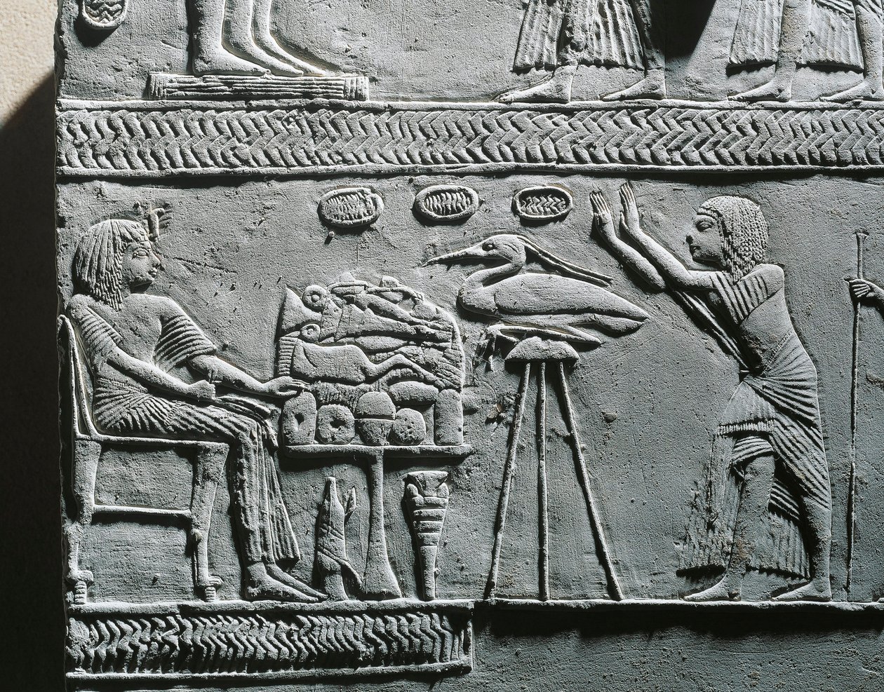 Horemheb spiser begravelsesmåltid, relief fra Horemhebs grav i Saqqara af Egyptian 18th Dynasty