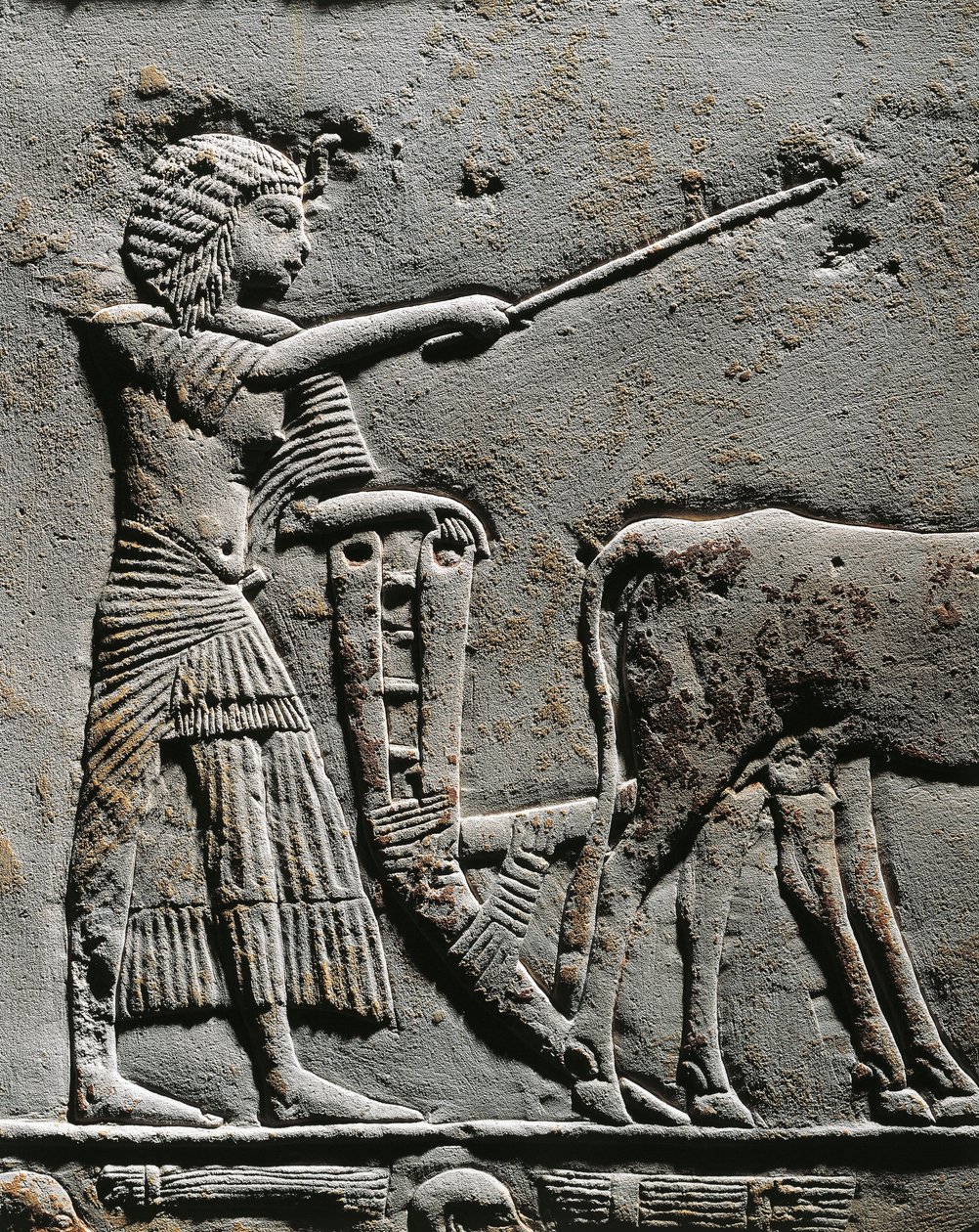 Horemheb pløjer jord i Iaru-marken, relief fra Horemhebs grav i Saqqara, detalje af Egyptian 18th Dynasty