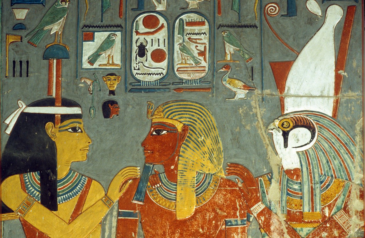 Horus, Horemheb og Hathor, fra Horemhebs grav (ca. 1323-1295 f.Kr.) New Kingdom (vægmaleri) af Egyptian 18th Dynasty