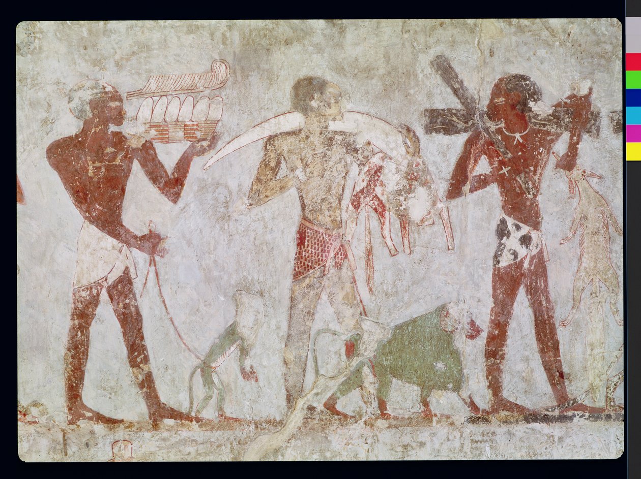 Kushites, der bærer hyldest af guld, elfenben og dyreskind, fra Rekhmires grav, vesir af Tuthmosis III og Amenhotep II, New Kingdom (vægmaleri) af Egyptian 18th Dynasty