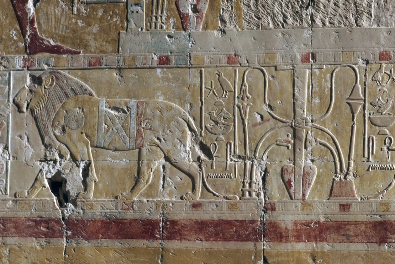 Løve, relief, Hatshepsut-tempel, Deir el-Bahari, thebansk nekropolis (UNESCO