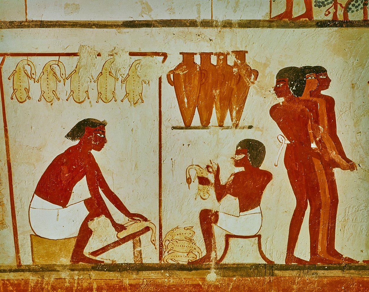 Kødbehandling af fuglene, detalje fra Nakhts grav, ca. 1390 f.Kr. (vægmaleri) af Egyptian 18th Dynasty