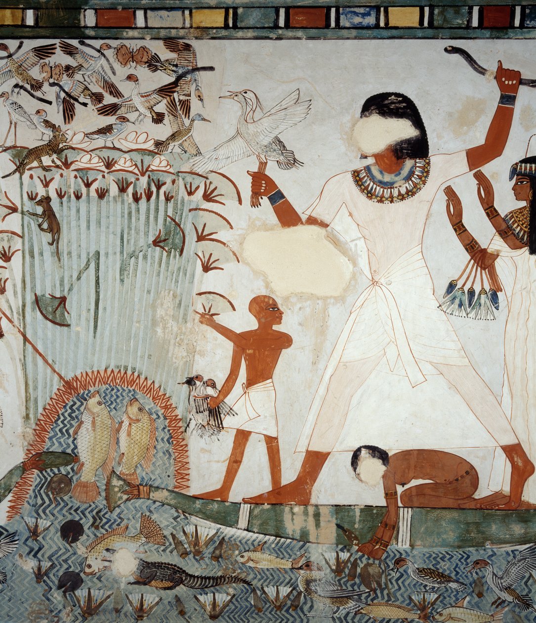 Menna og hans familie fisker og fugler i marskene ved Nilen, detaljer fra fresker i kapellet i Mennas grav, Sheikh Abd el Qurnah Necropolis, Luxor, Theben (Unescos verdensarvsliste af Egyptian 18th Dynasty