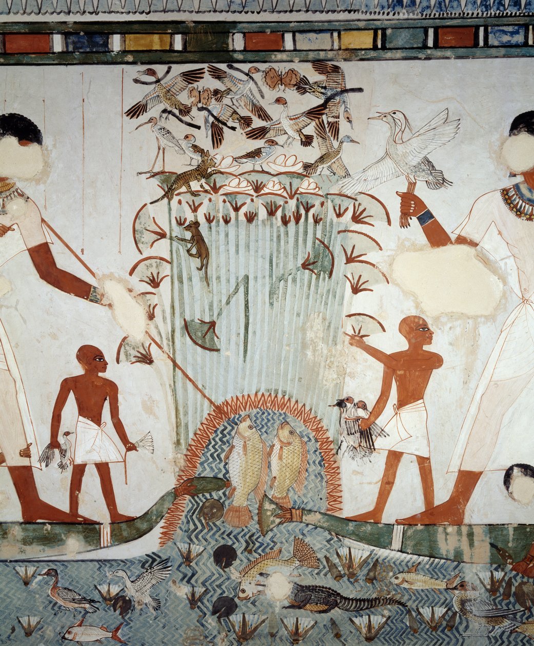 Menna og hans familie fisker og fugler i marskene ved Nilen, detaljer fra fresker i kapellet i Mennas grav, Sheikh Abd el Qurnah Necropolis, Luxor, Theben (Unescos verdensarvsliste af Egyptian 18th Dynasty