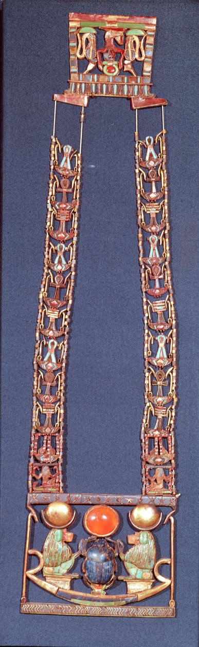 Halskæde af den Rising Sun, fra Tutankhamons grav (ca. 1370-52 f.Kr.) New Kingdom (guld indlagt med halvædelsten) af Egyptian 18th Dynasty