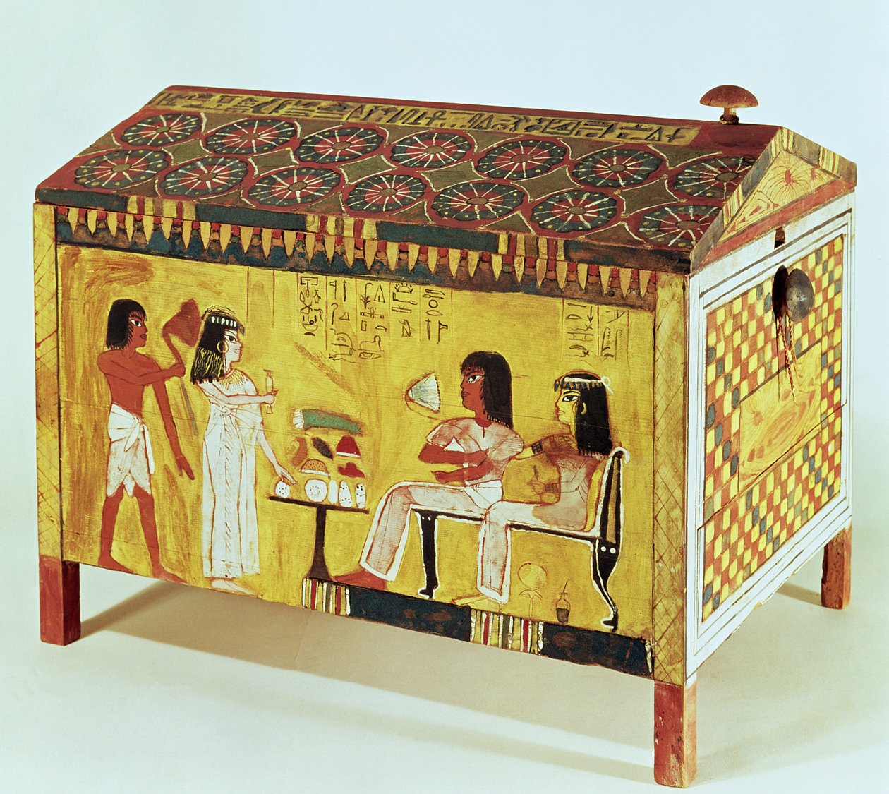 Malet kiste med en banketscene fra Khas grav (d.c.1390-52 f.Kr.) fundet i Deir el-Medina, New Kingdom (træ) af Egyptian 18th Dynasty